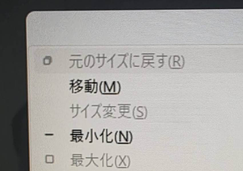Windowsのウィンドウメニューで最大化がグレーアウトしている実機写真